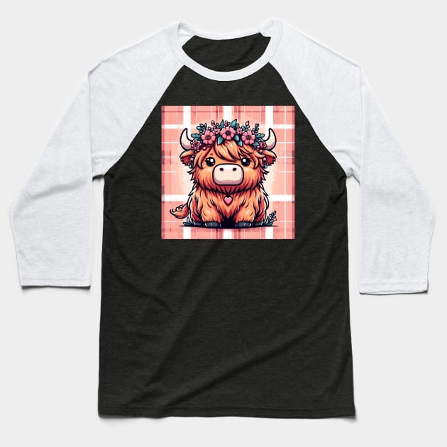 Kawaii highland cow with flower crown Baseball T-Shirt by TomFrontierArt